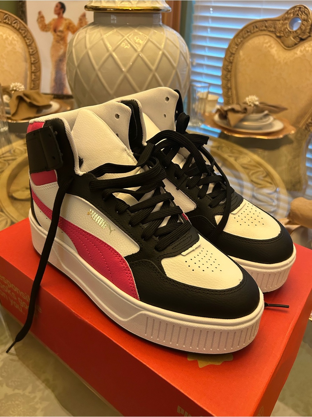 Puma Women’s High-Top Sneakers in White, Black & Pink - Picture 4 of 4